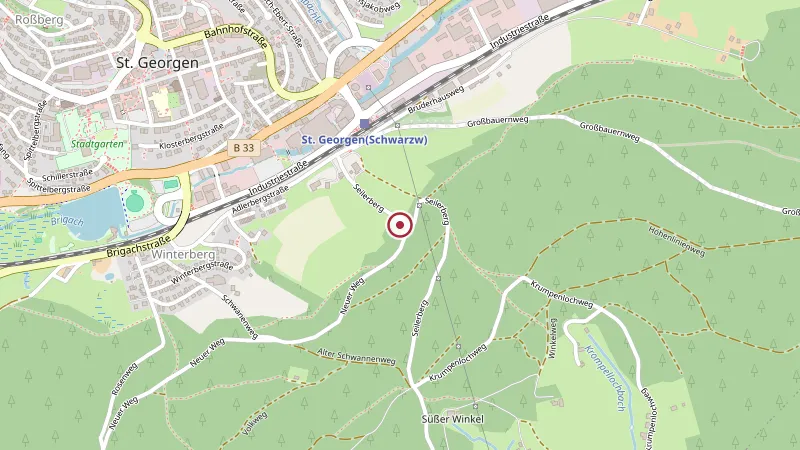 Kartenausschnitt von St. Georgen: Ein Ring markiert das Schützenhaus am Seilerberg südöstlich der Stadt, Seilerberg 6, 78112 St. Georgen.